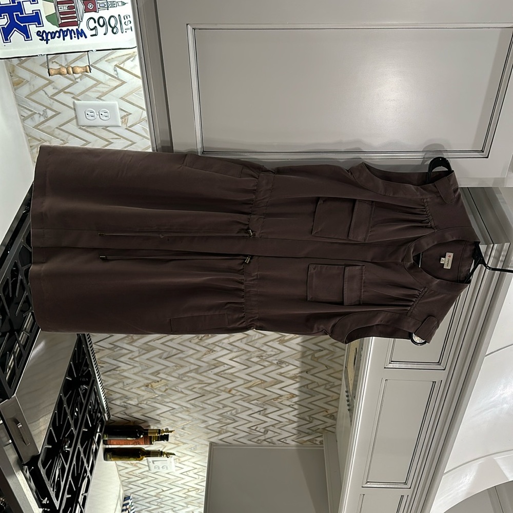 Sleeveless brown suede like dress with drawstring waist